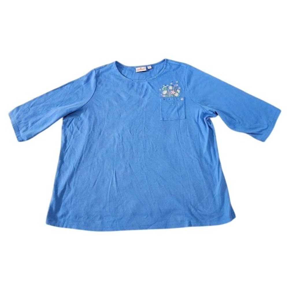Quacker Factory Top Women 3X Blue Floral Embroidered Pocket Shirt Rhinestone